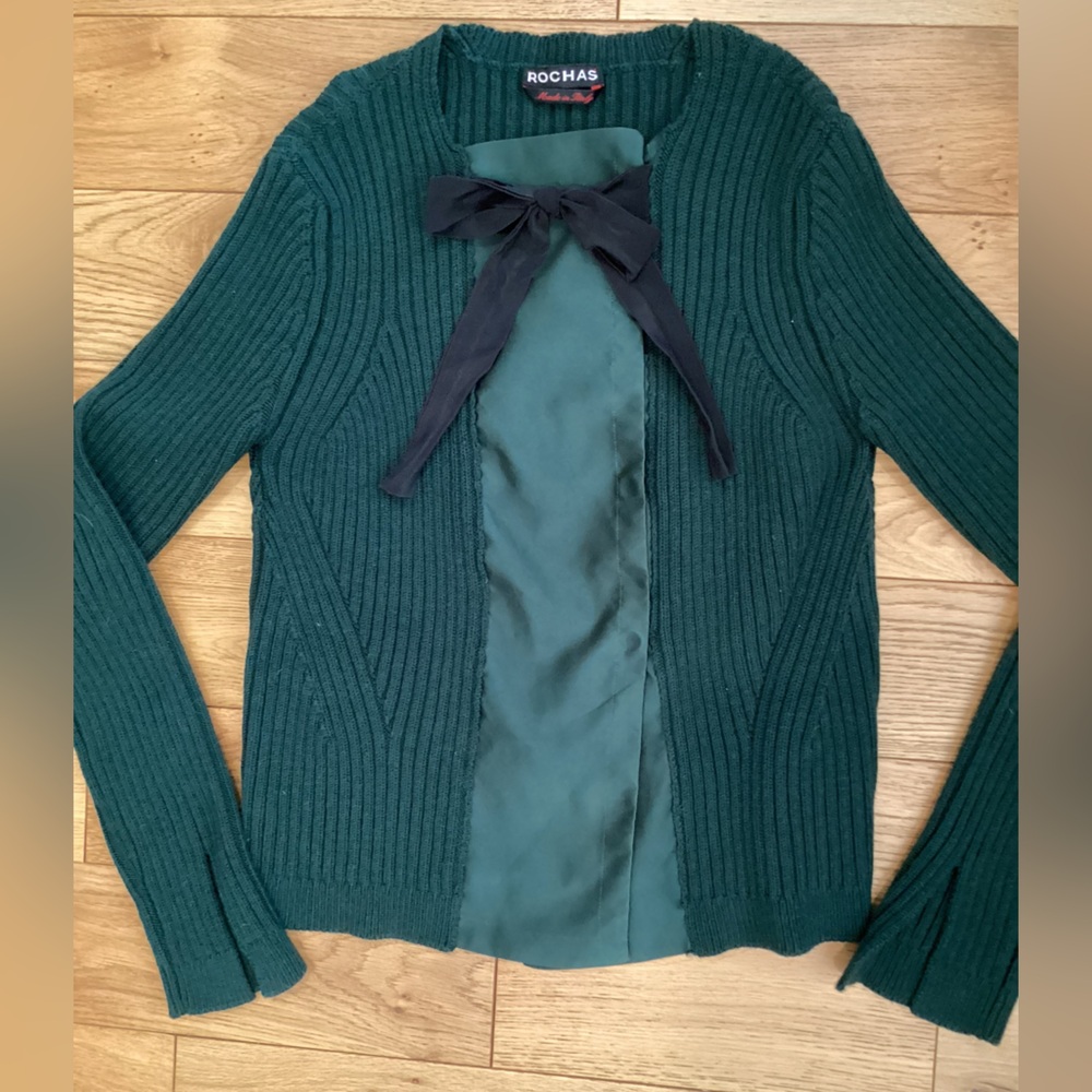 Rochas pine green knit/ silk sweater jacket